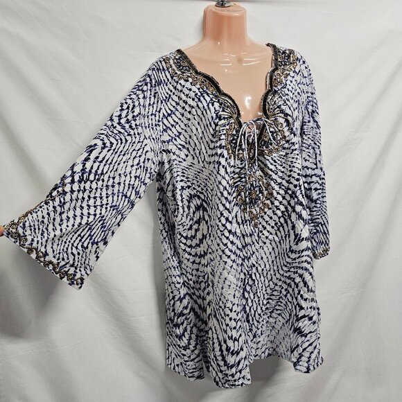 Soft Surroundings South Beach Beaded Top tunic Blouse Women Size XL White Blue - Picture 7 of 15